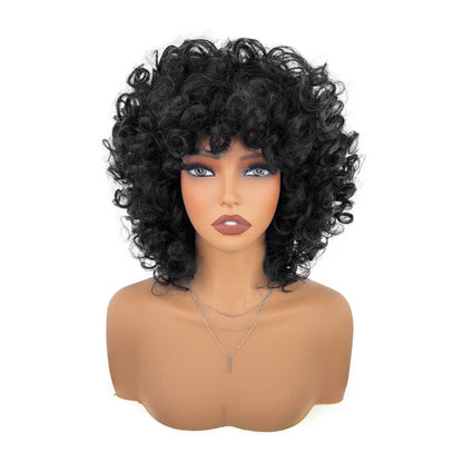 Short curly afro wig with bangs – front view on mannequin, natural black