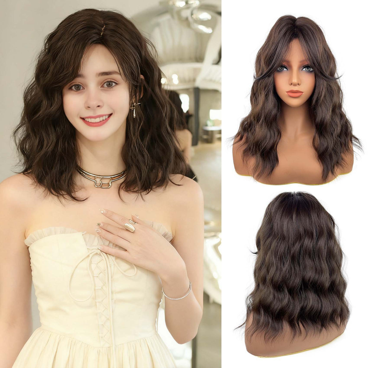 Wavy brown wig with bangs – front view on mannequin, white background variant 2
