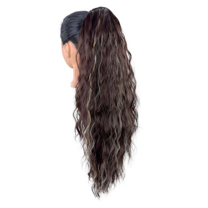 Long wavy ash blonde ponytail extension side view