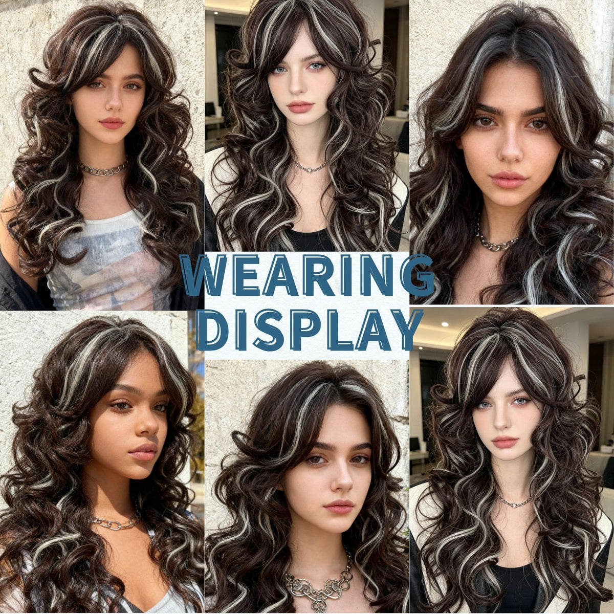 Wearing display collage - Long Curly Brown Silver Highlight Wig