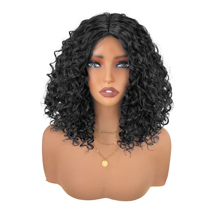 Black curly bob wig on mannequin head – front view, white background