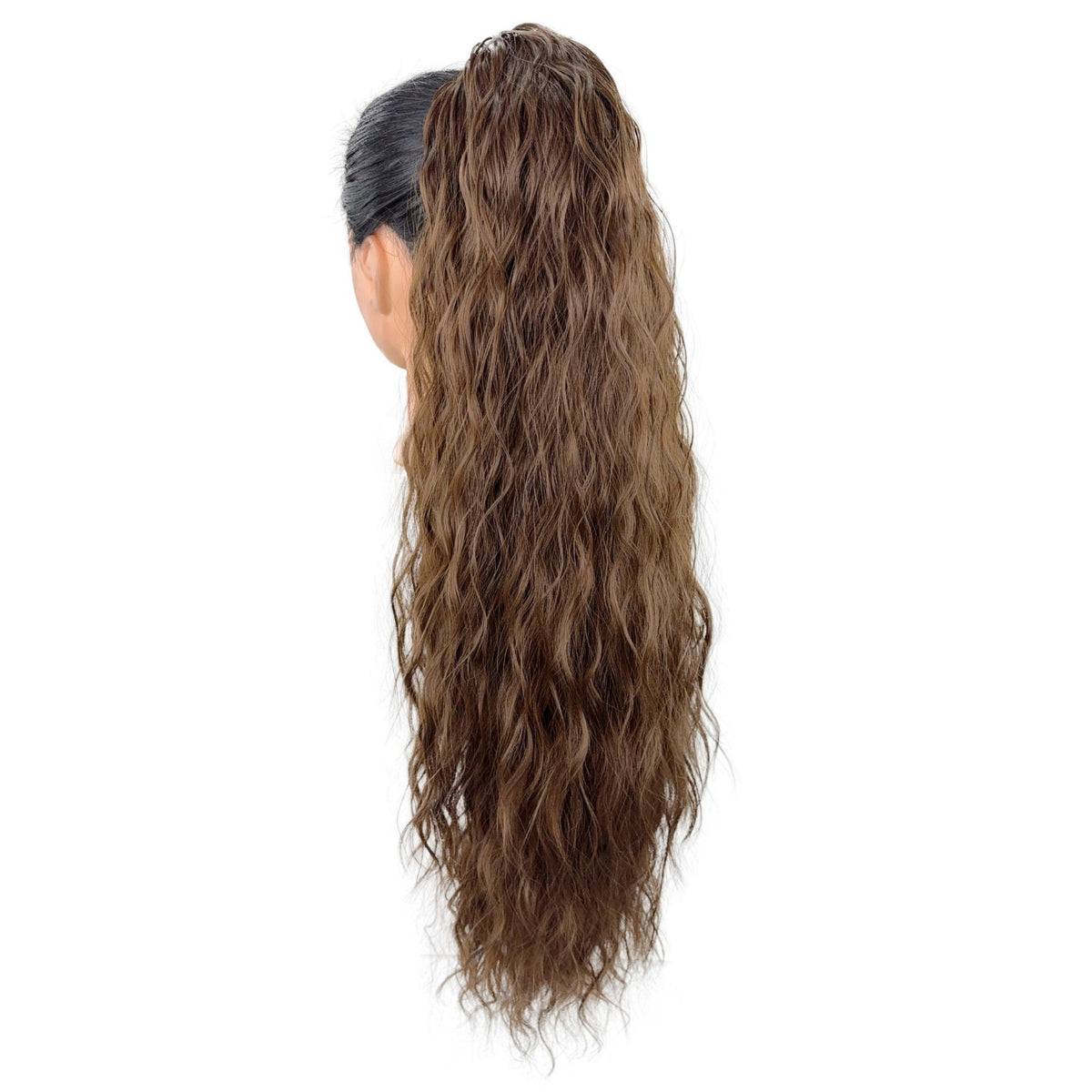 Long wavy dark brown ponytail extension side view