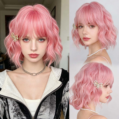 Pink Short Wavy Bob Wig - Lifestyle Model Photos