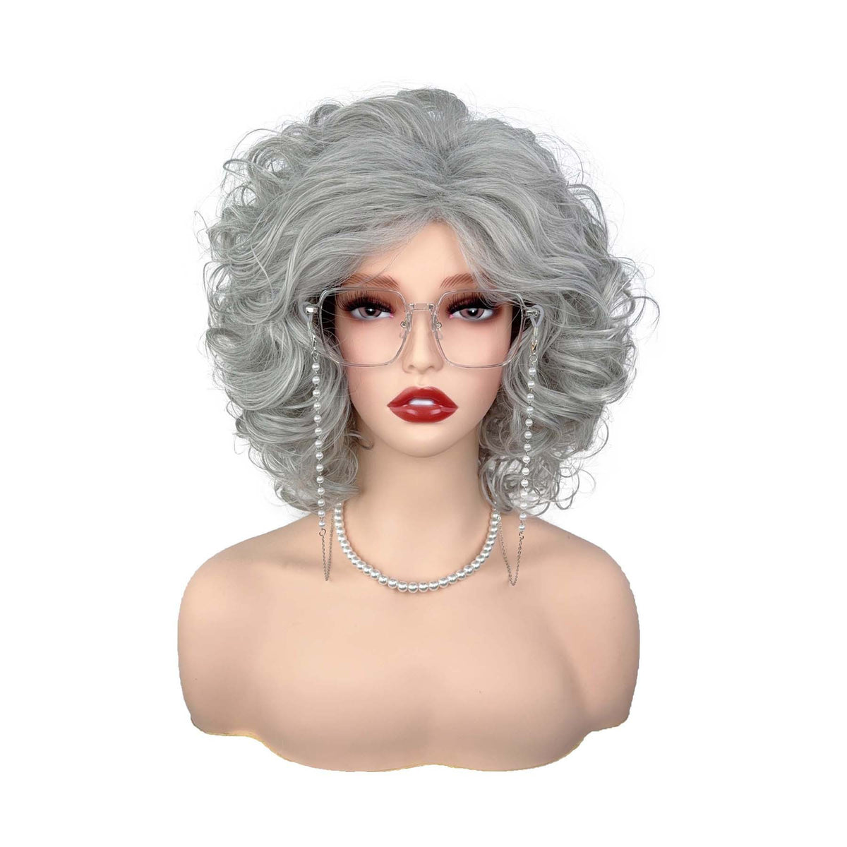 Silver grey curly wig side view on mannequin head - white background