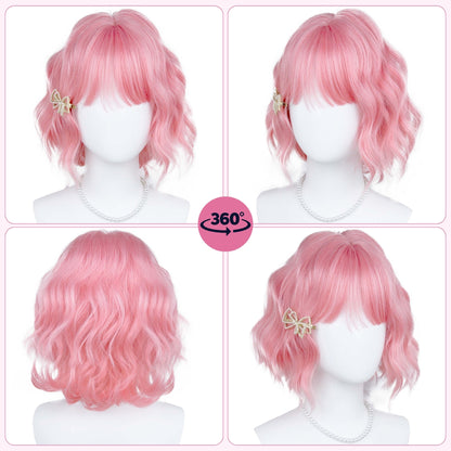 Pink Short Wavy Bob Wig - Multiple Styling Views