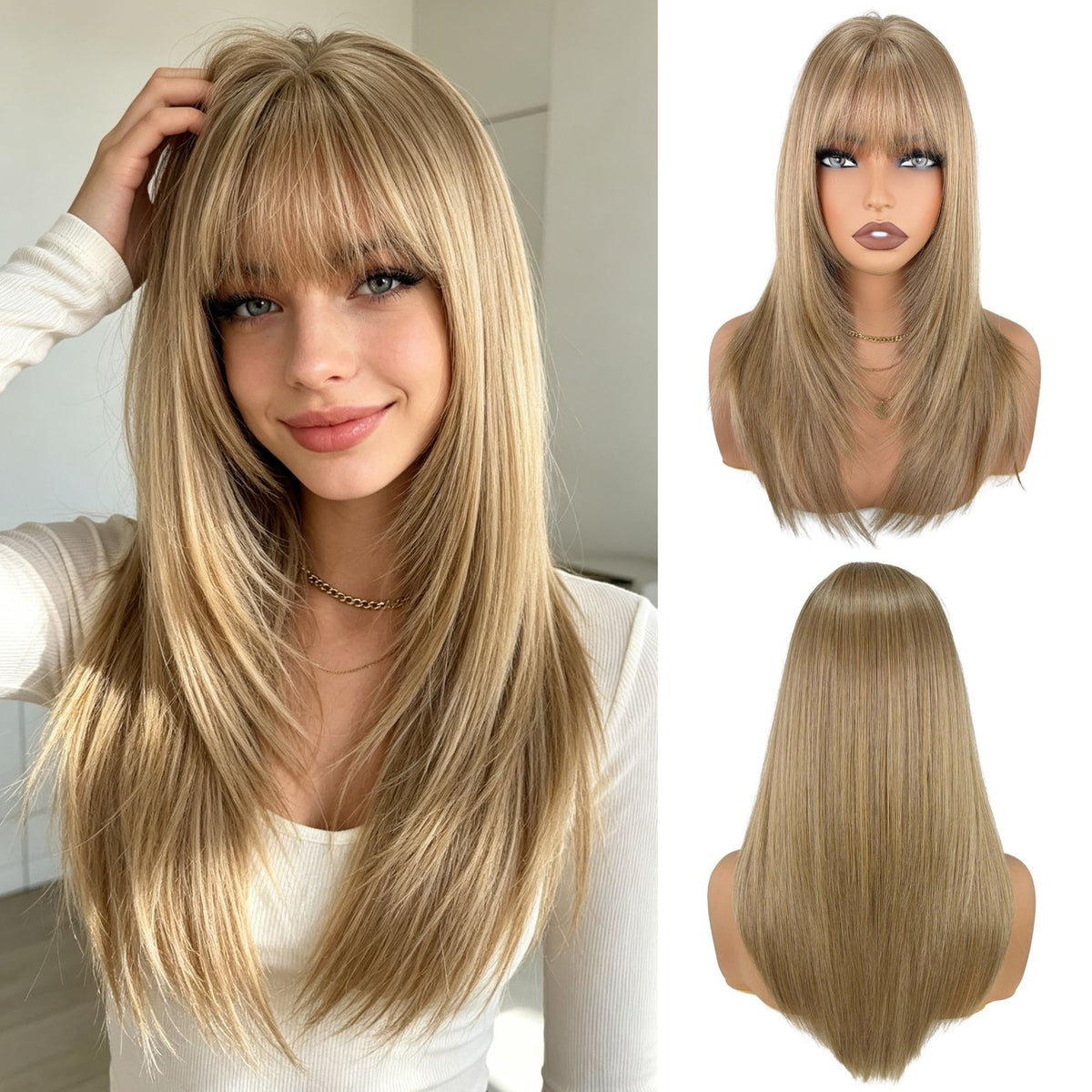 Long layered blonde wig with bangs – front view on mannequin