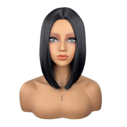 Short bob wig black – front view on mannequin, white background