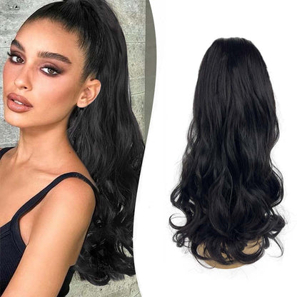 Model wearing black wavy ponytail extension