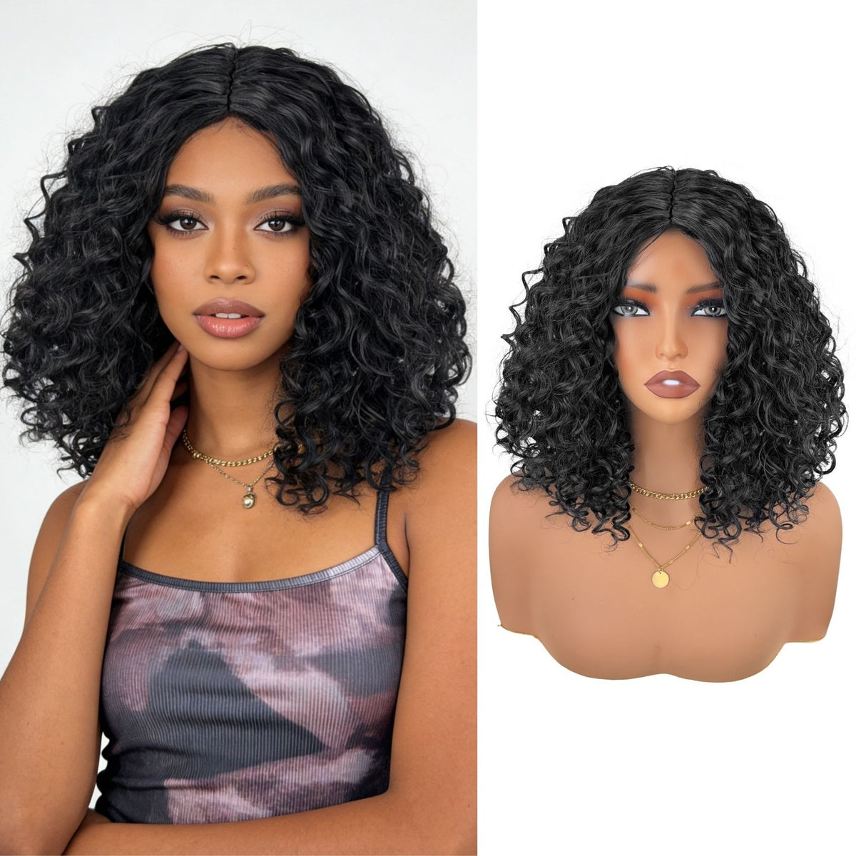 Black curly bob wig lifestyle – model wearing wig with outfit