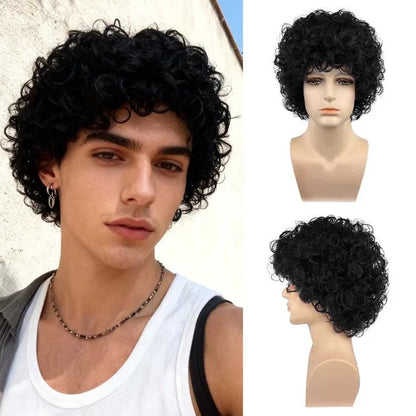 Short curly wig natural black front view on mannequin