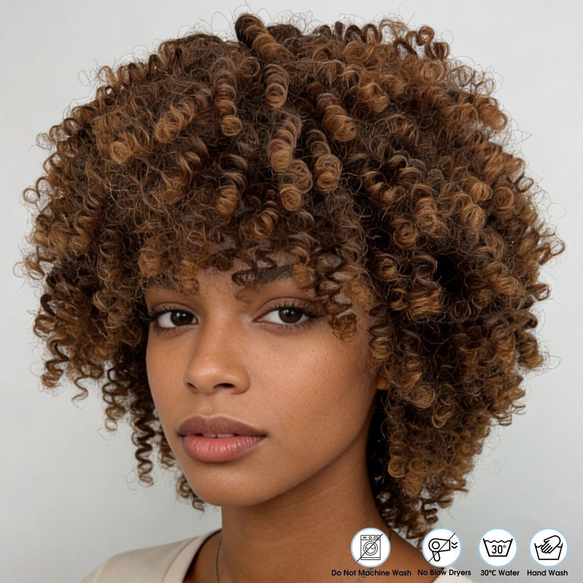Short Afro Kinky Curly Wig - Honey Brown, worn by model