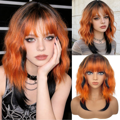 Model wearing orange black wavy bob wig - editorial close-up