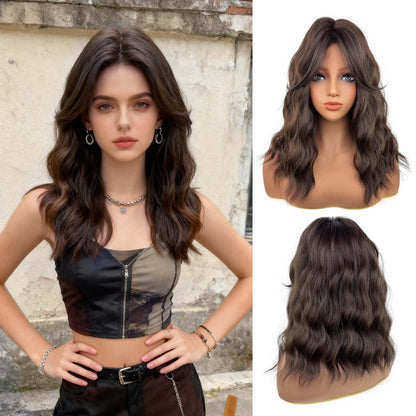 Wavy dark brown wig worn by model – lifestyle shot