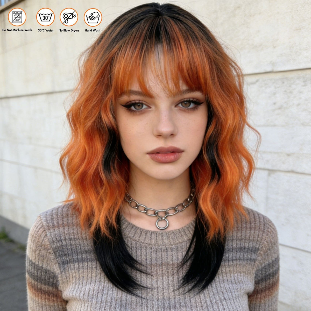 Model wearing orange black wavy bob wig - outdoor lifestyle