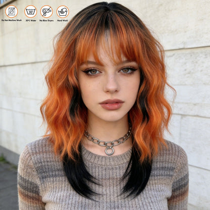 Model wearing orange black wavy bob wig - outdoor lifestyle