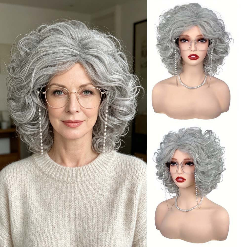 Silver grey curly wig lifestyle look with model wearing glasses and pearl accessories