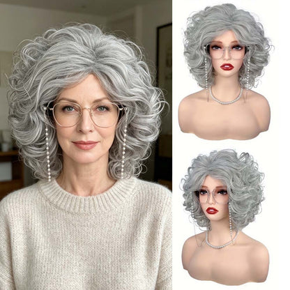 Silver grey curly wig lifestyle look with model wearing glasses and pearl accessories
