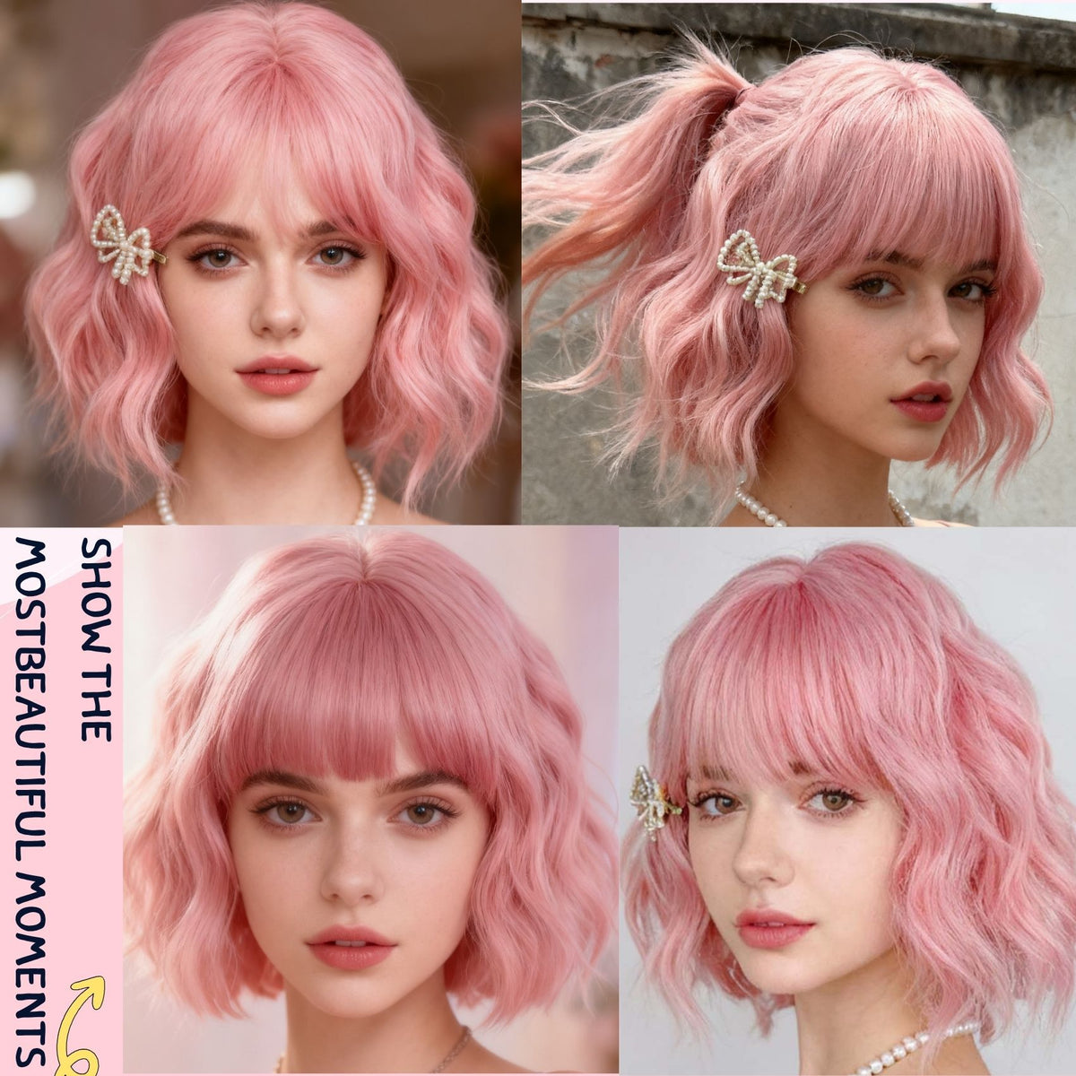 Pink Short Wavy Bob Wig - Front View on Mannequin