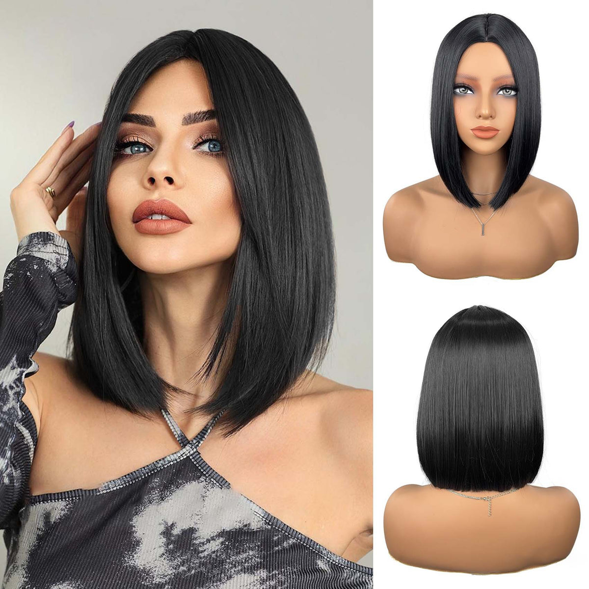 Short bob wig black – wearing effect collage on multiple models