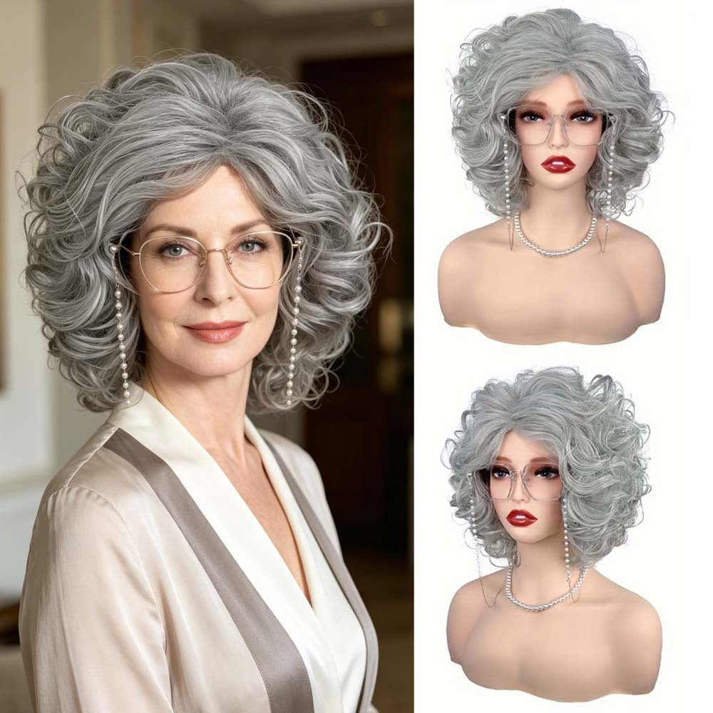Silver grey curly wig styled on model with elegant outfit