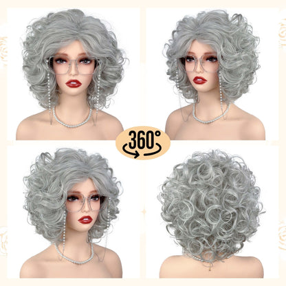 Silver grey curly wig 360 degree view showing front, side, and back angles