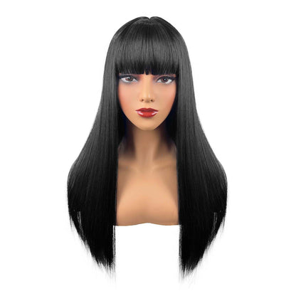 Long Straight Black Wig with Bangs – front view on mannequin, white background (variant 2)