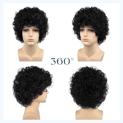 Short curly wig black front view on mannequin