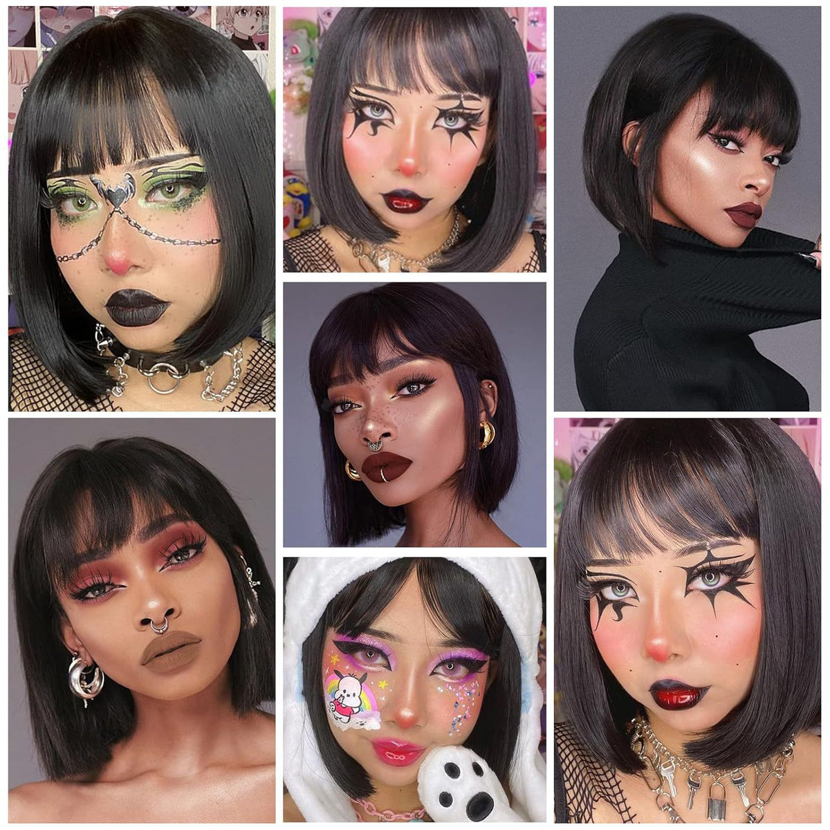 Short black bob wig with bangs – lifestyle and mannequin multi-angle views