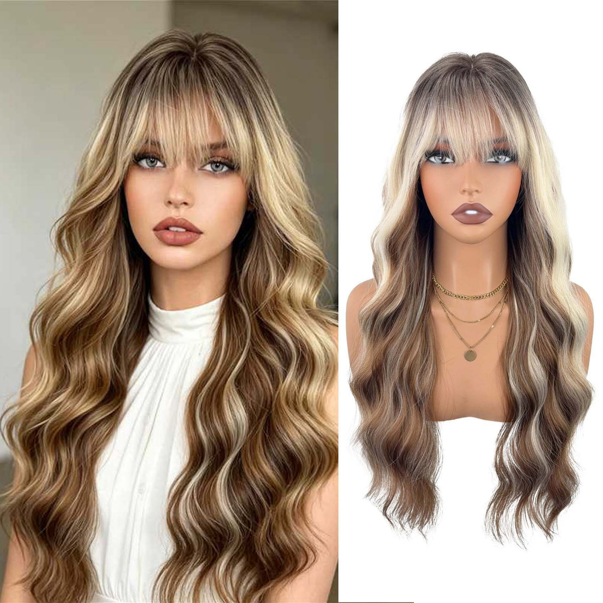 Long wavy brown blonde wig - front view 3