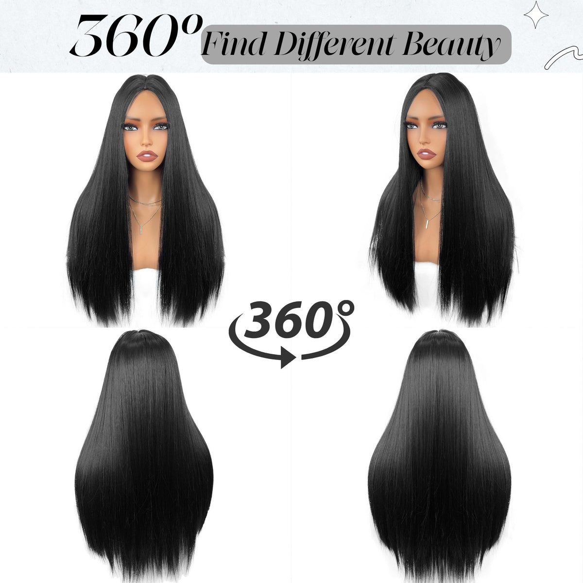 Long Straight Wig - Black & Green split color, front view