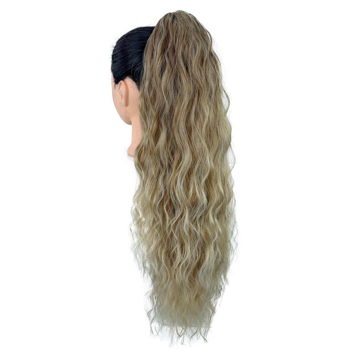 Dark ombre wavy ponytail extension model and product side view