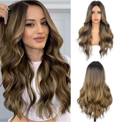 Long Wavy Ombre Brown Highlight Wig - Front View 2
