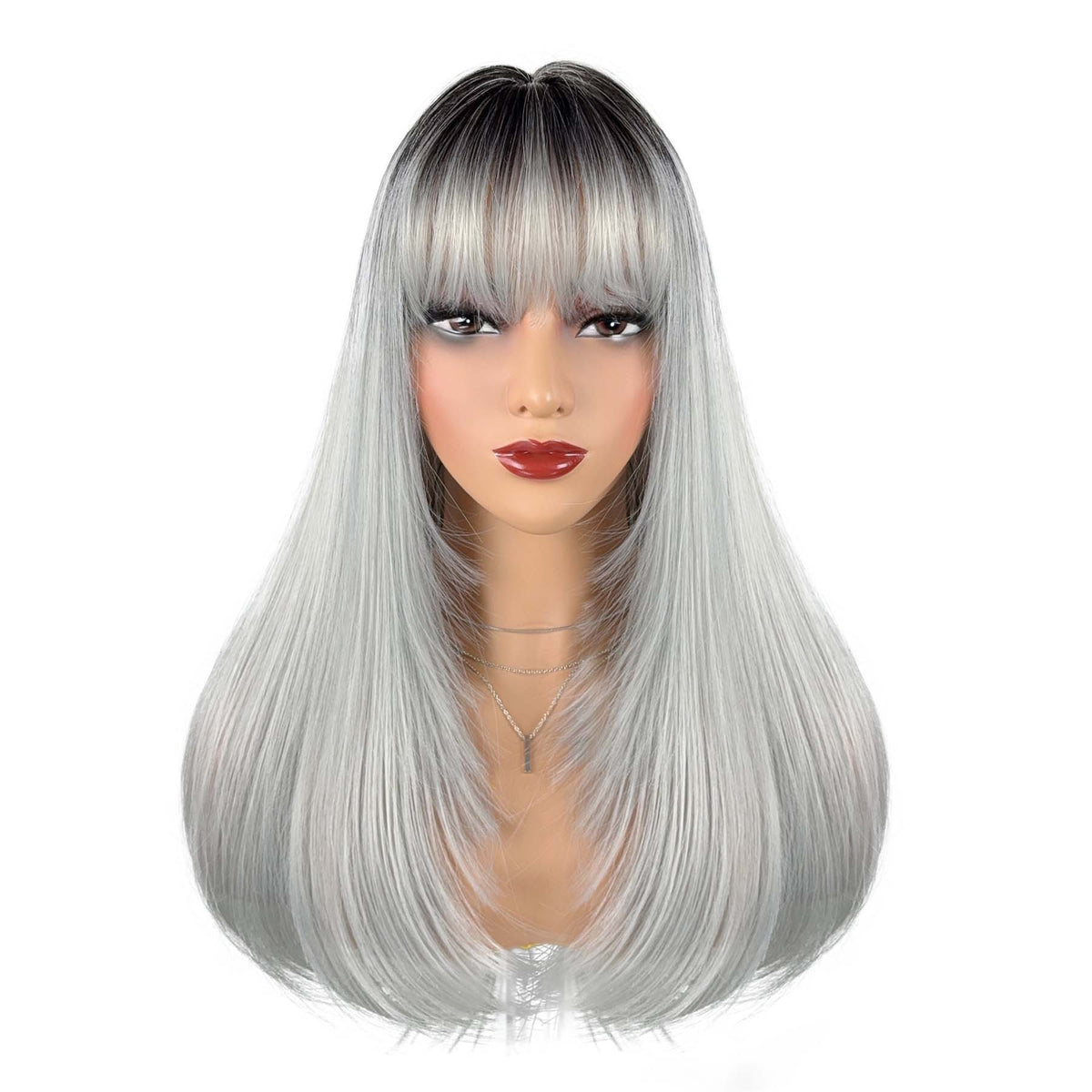 Long straight wig – dark black with subtle silver highlights, fiber detail and mannequin view