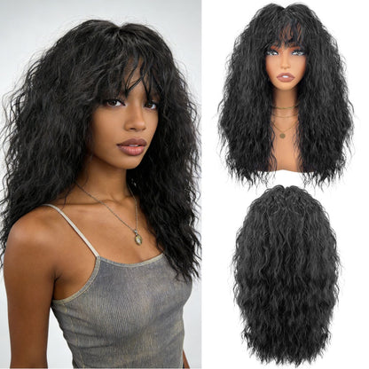 Ombre brown blonde long curly wig with bangs – lifestyle shots