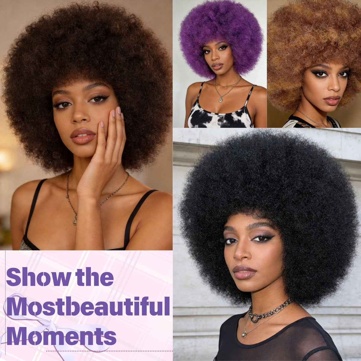 Big Afro Wig – Silver Gray lifestyle photo with care icons
