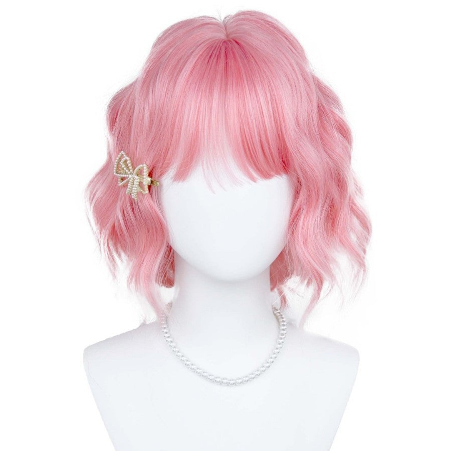 Pink Short Wavy Bob Wig - Close-up Front on Mannequin