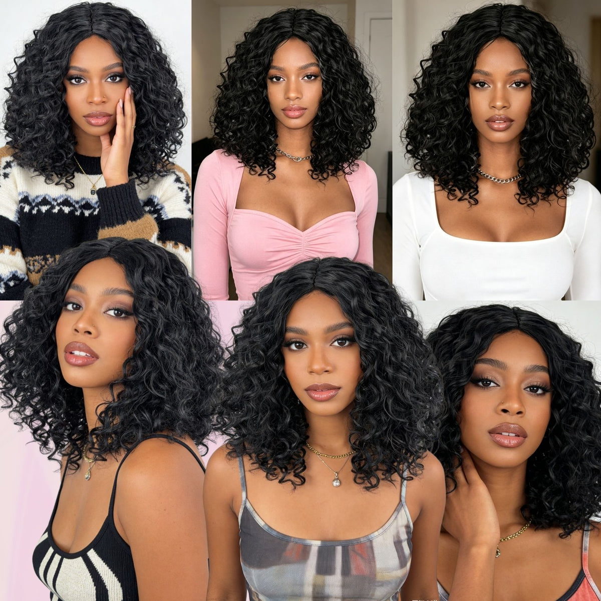 Black curly bob wig on mannequin head – white background detail