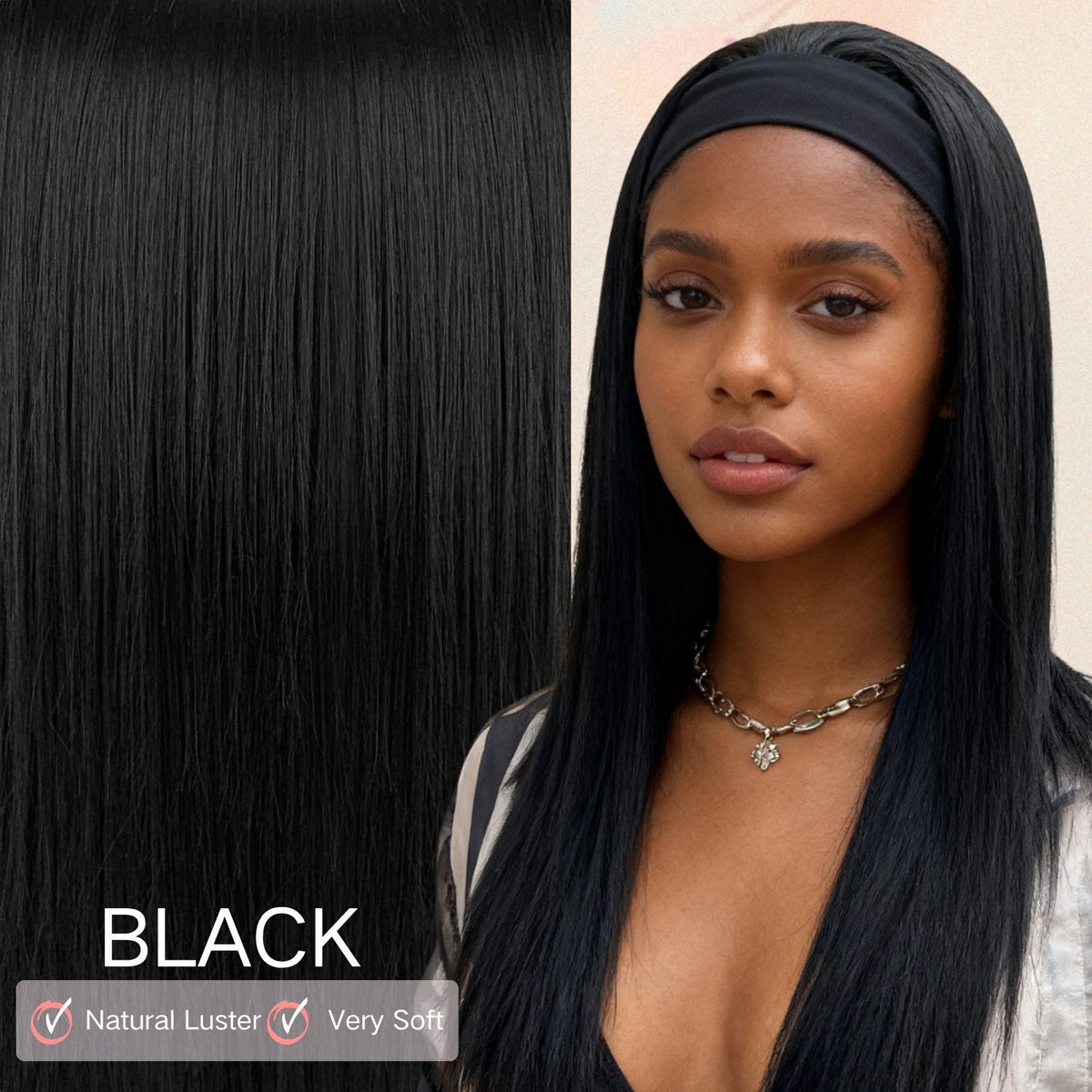 Straight headband wig jet black – full view on mannequin, white background