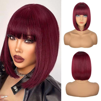Short burgundy bob wig with bangs – lifestyle and mannequin multi-angle views