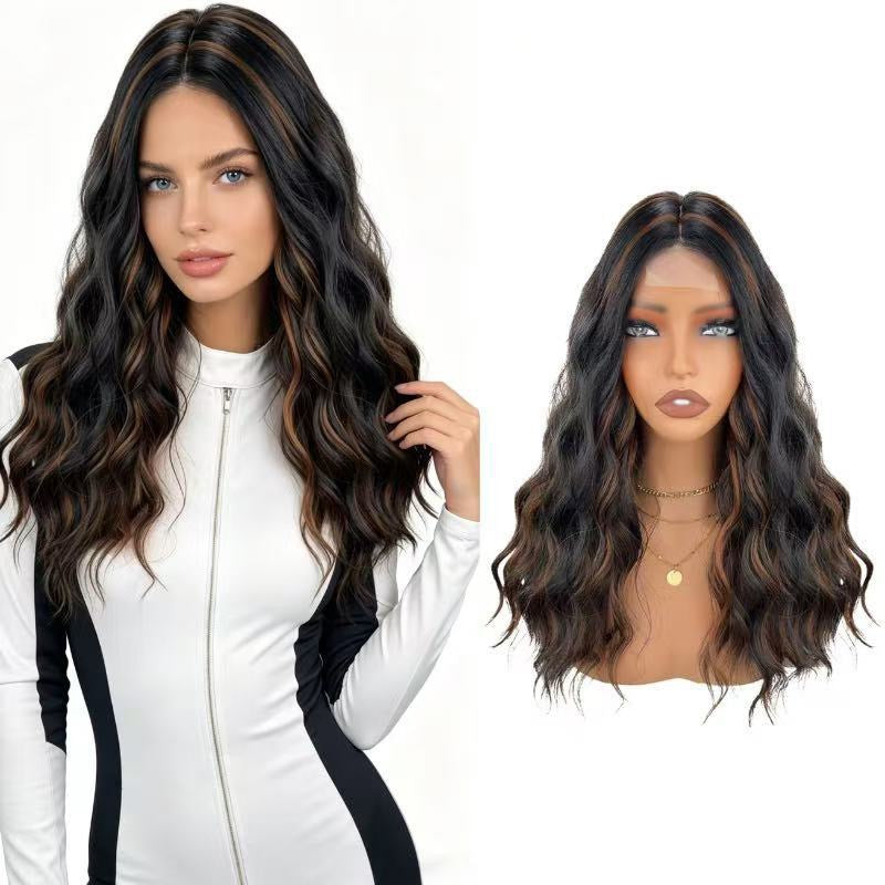 Long wavy lace front wig in natural black side view