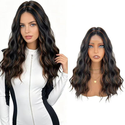 Long wavy lace front wig in natural black side view