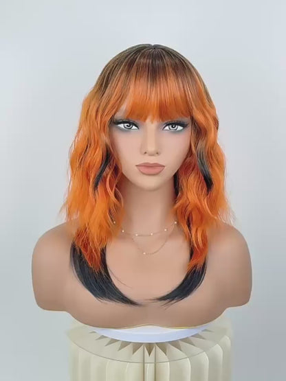Orange Black Wavy Bob Wig with Bangs