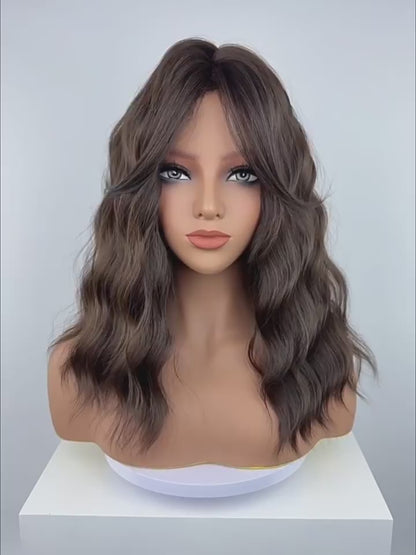 Wavy Brown Wig with Bangs – Natural Volume Mid-Length Synthetic Hair