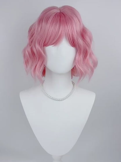 Pink Short Wavy Bob Wig with Bangs